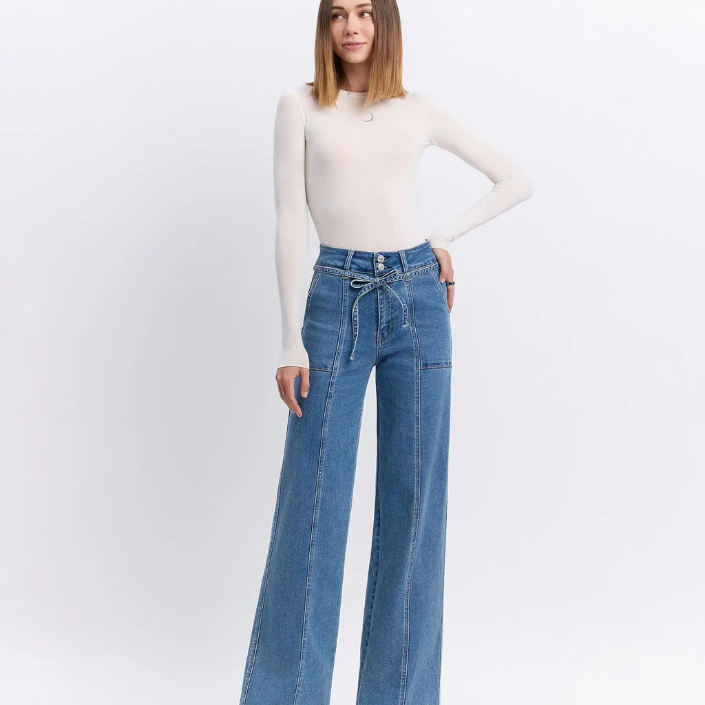 Tia Super High Rise Tie Wide Leg Jeans