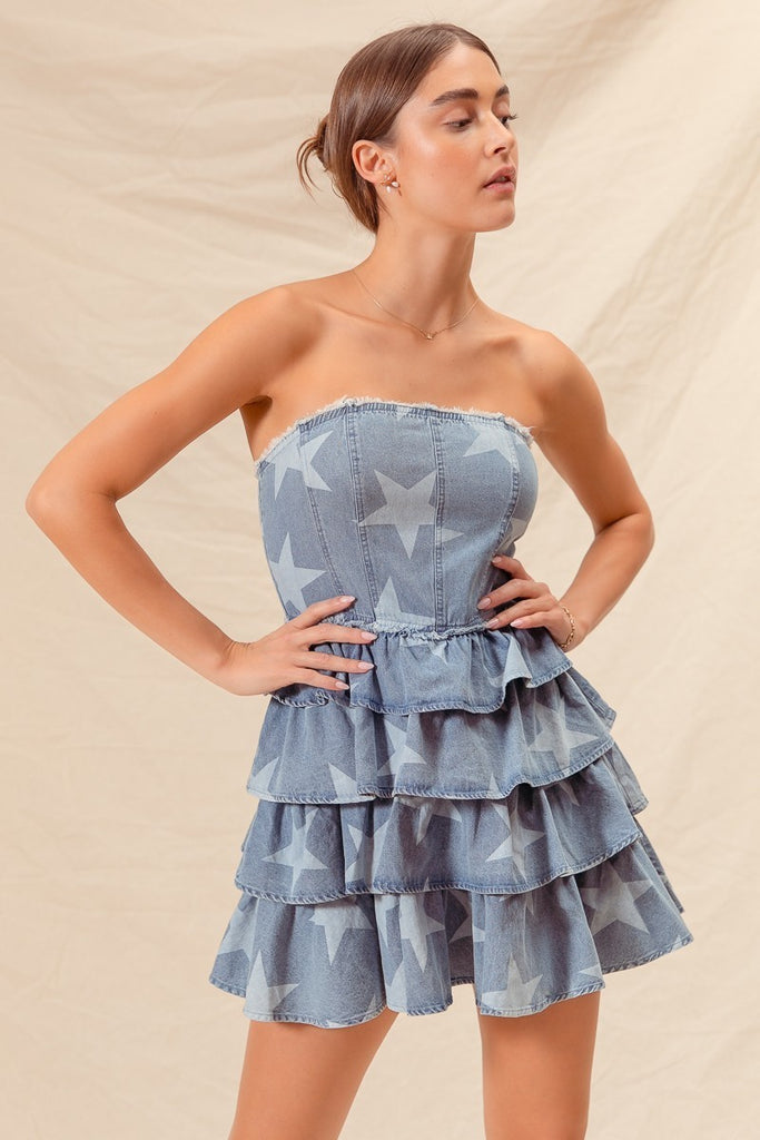 Strapless Vintage Star Denim Tiered Dress