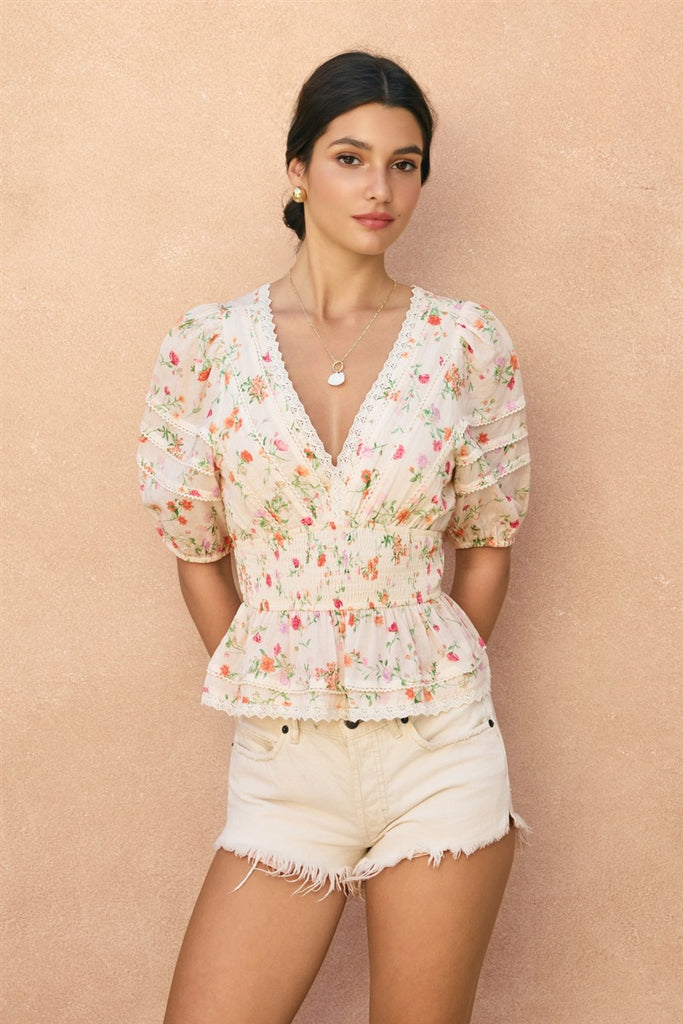 Honey Butter Lace Trim Smocked Waist Peplum Top