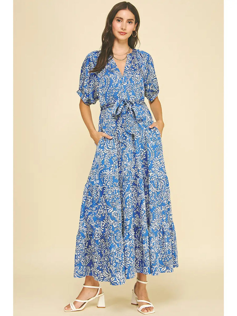 Damask Print Tiered Maxi Dress