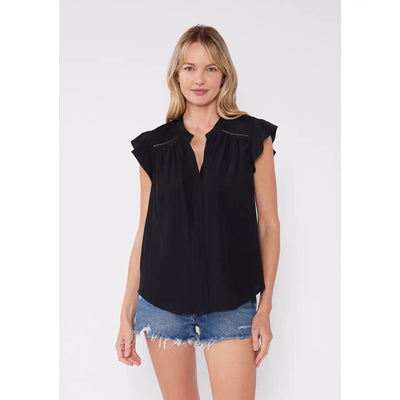 Pintuck Flutter Cap Sleeve V Neck Blouse