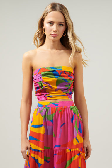 Soleil Abstract On the Low Pleated Tube Top