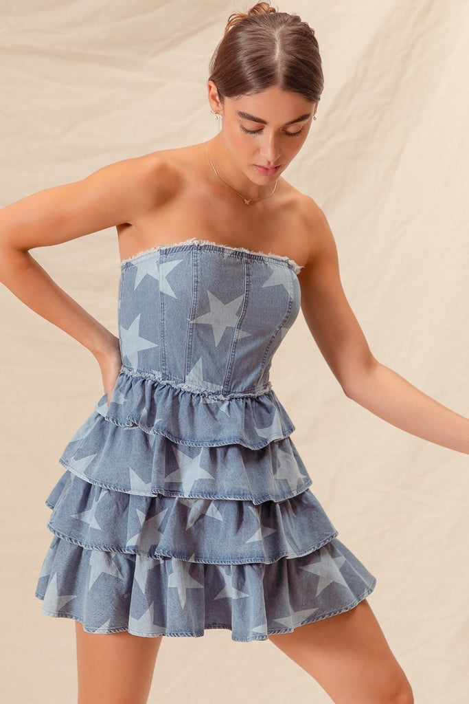 Strapless Vintage Star Denim Tiered Dress