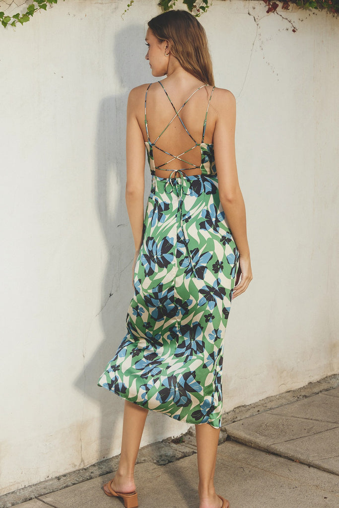 Ocean Waves Satin Ruched Tulip Midi Dress