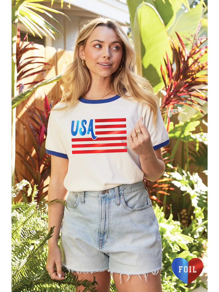 USA Flag Foil Ringer Graphic Top
