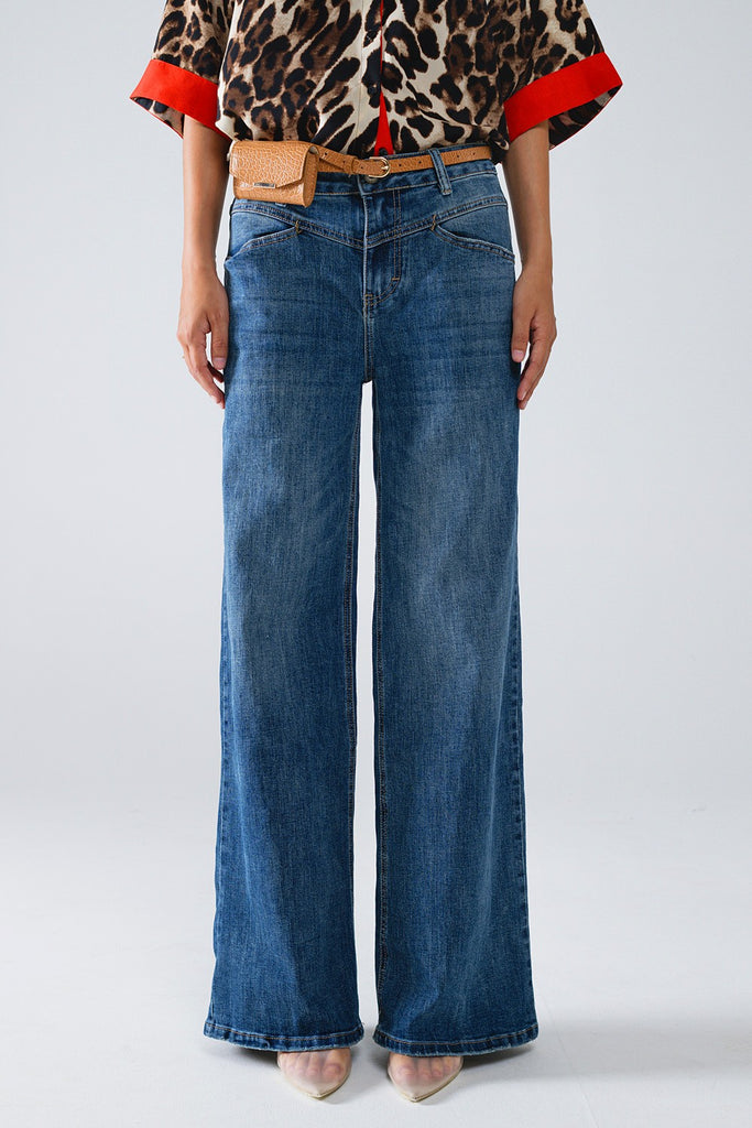 Blue Flare Jeans With Stitching Detail