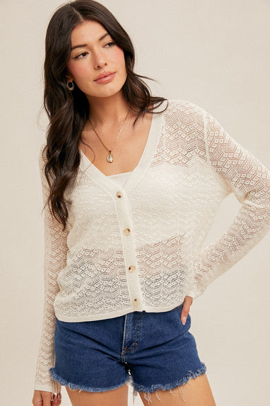 Pointelle Knit V-neck Cardigan