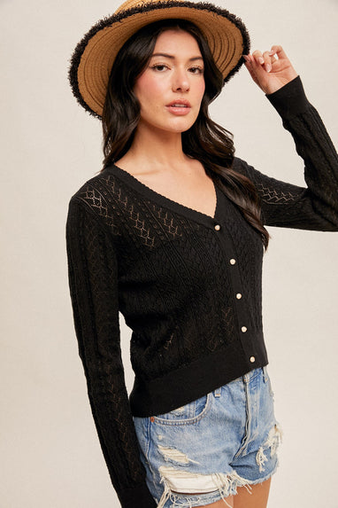 Pointelle Knit V-neck Cardigan