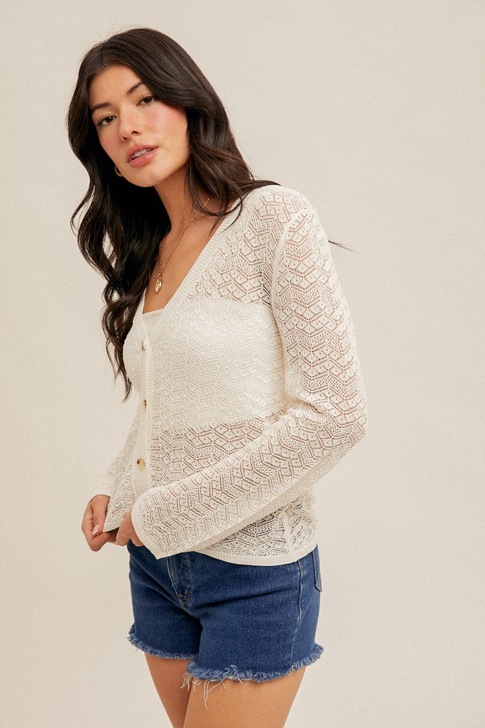 Pointelle Knit V-neck Cardigan