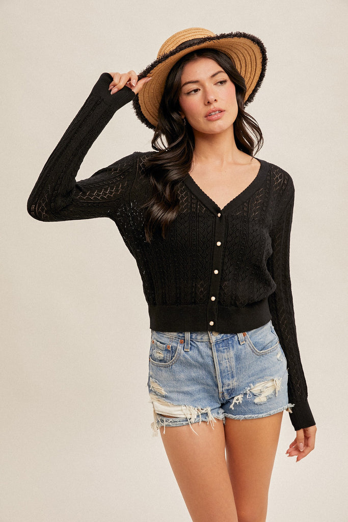 Pointelle Knit V-neck Cardigan