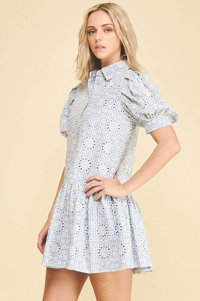 Gingham Eyelet Puff Sleeve Mini Dress