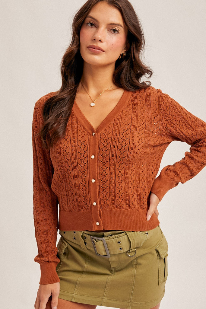 Pointelle Knit V-neck Cardigan