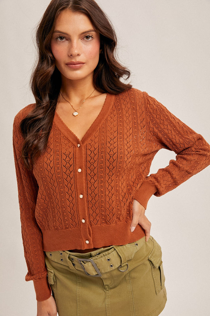 Pointelle Knit V-neck Cardigan