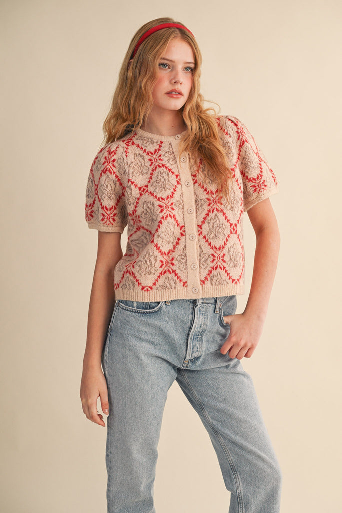 Floral Short Sleeve Sweater Cardigan