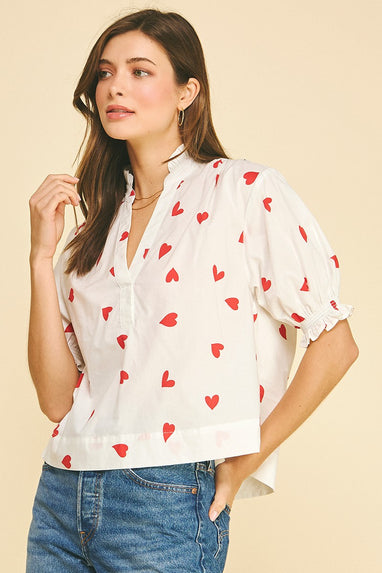 Heart Print V-neck Blouse Top