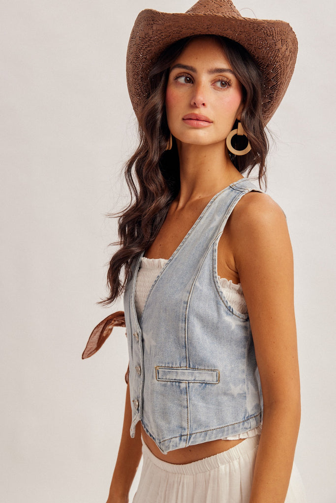 Star Print Buttons Front Denim Vest