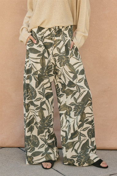 Swaying Palms Button Fly Wide Leg Pants