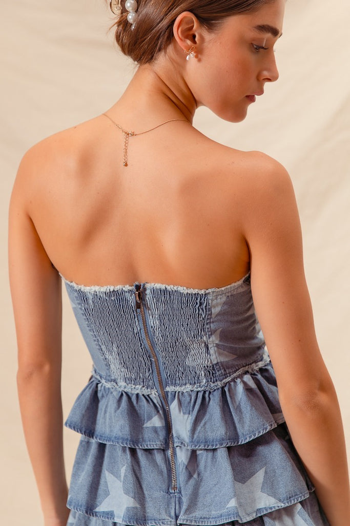 Strapless Vintage Star Denim Tiered Dress
