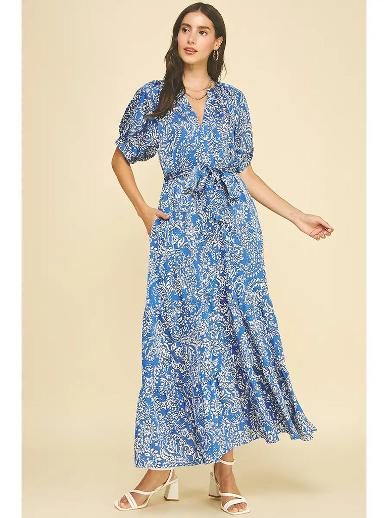 Damask Print Tiered Maxi Dress