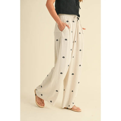 Lucelle Embroidery Detail Linen Pants