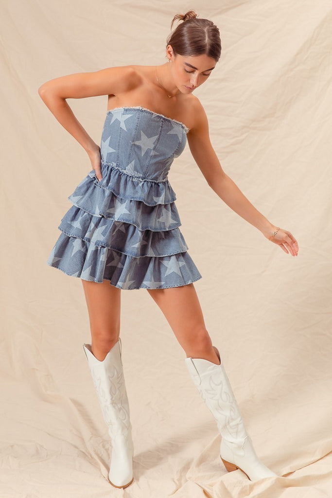 Strapless Vintage Star Denim Tiered Dress
