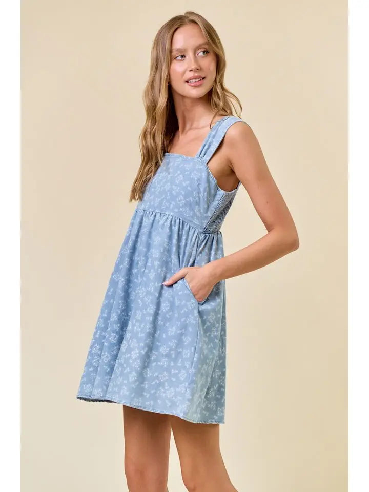 Hazel Floral Chambray Denim Mini Dress