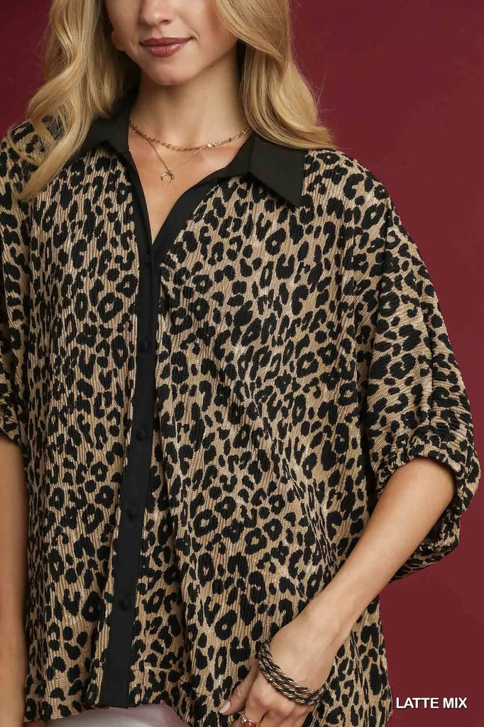 Animal Jacquard Button-Down Tunic Top