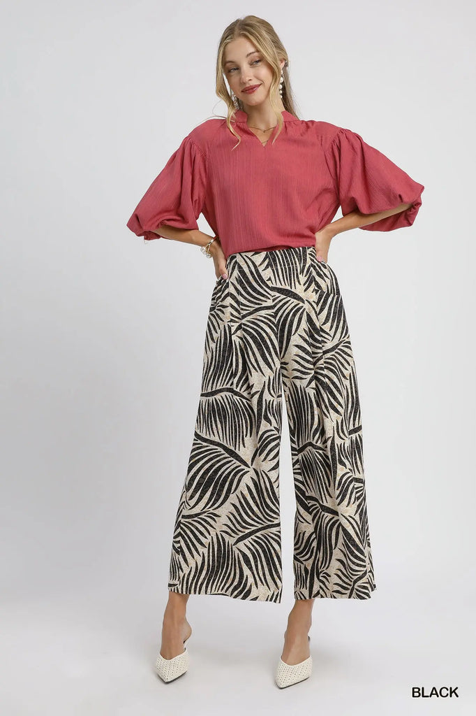 Palm Leaf Print Wide Leg Culotte Pants