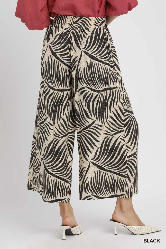 Palm Leaf Print Wide Leg Culotte Pants