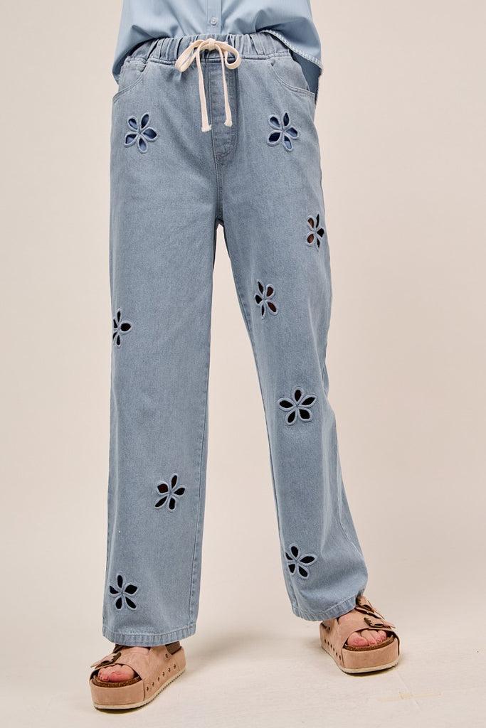 Floral Embroidery Wide Leg Denim Pants