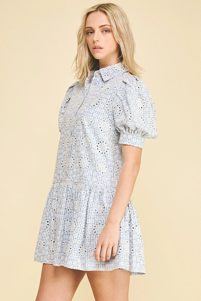 Gingham Eyelet Puff Sleeve Mini Dress