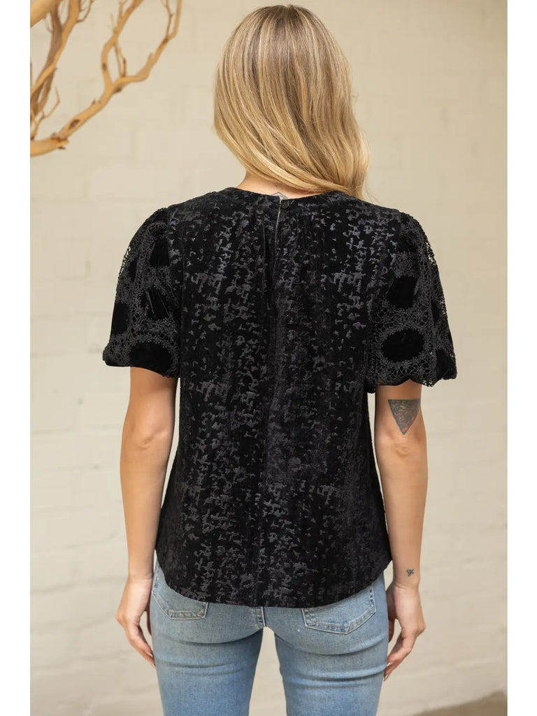 Laced Bubble Sleeve Velvet Jaquard Top