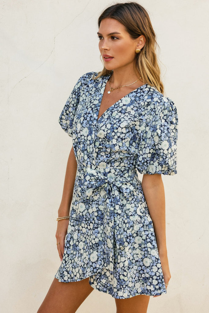 Field Daisies Puff Sleeve Mini Wrap Dress