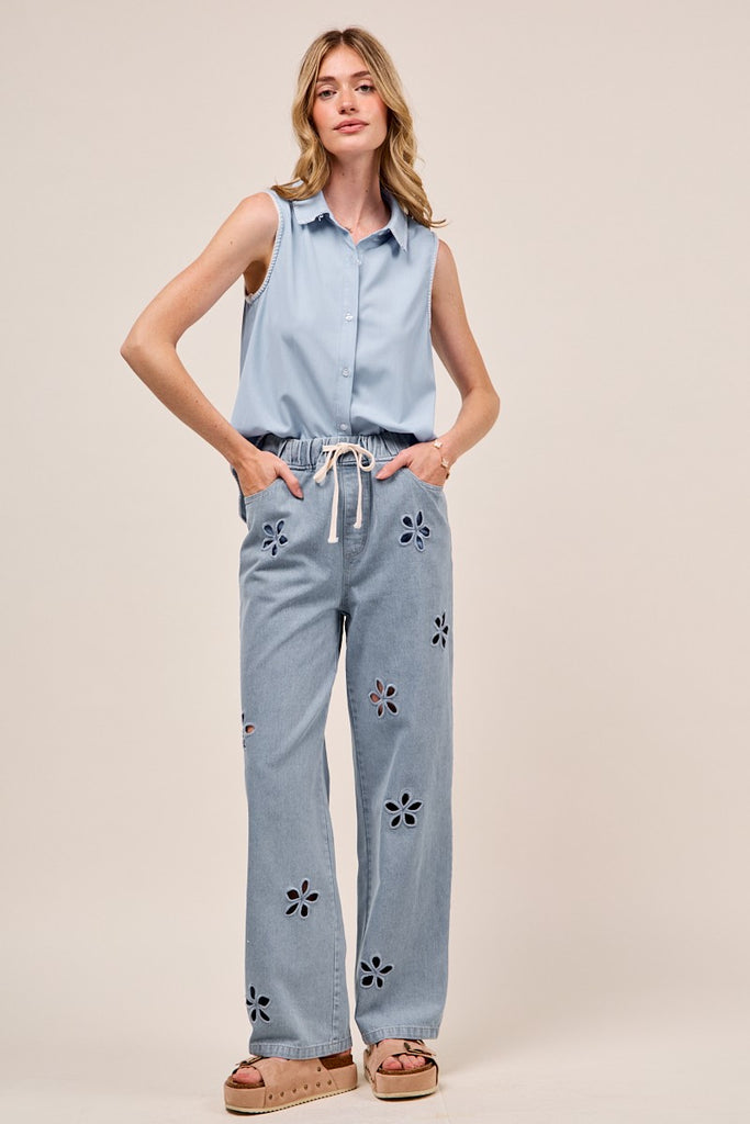 Floral Embroidery Wide Leg Denim Pants