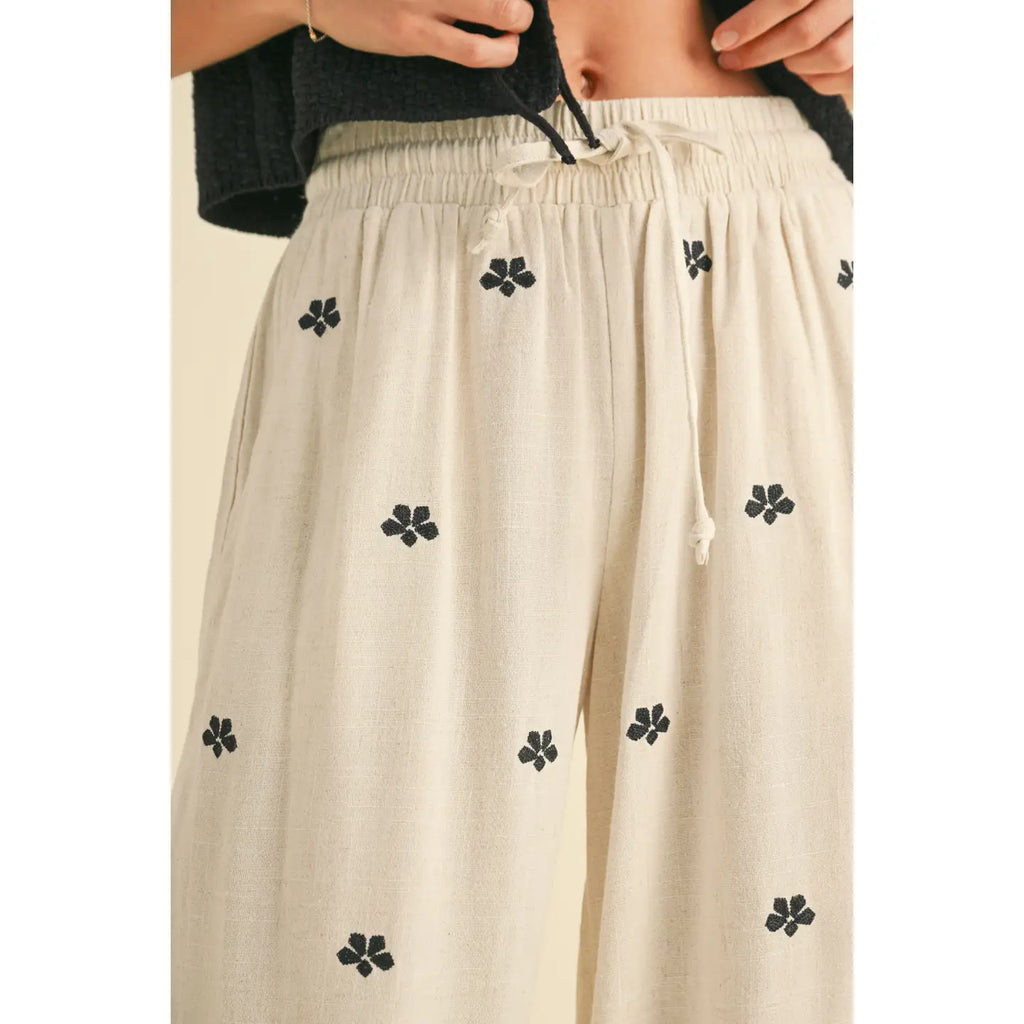 Lucelle Embroidery Detail Linen Pants