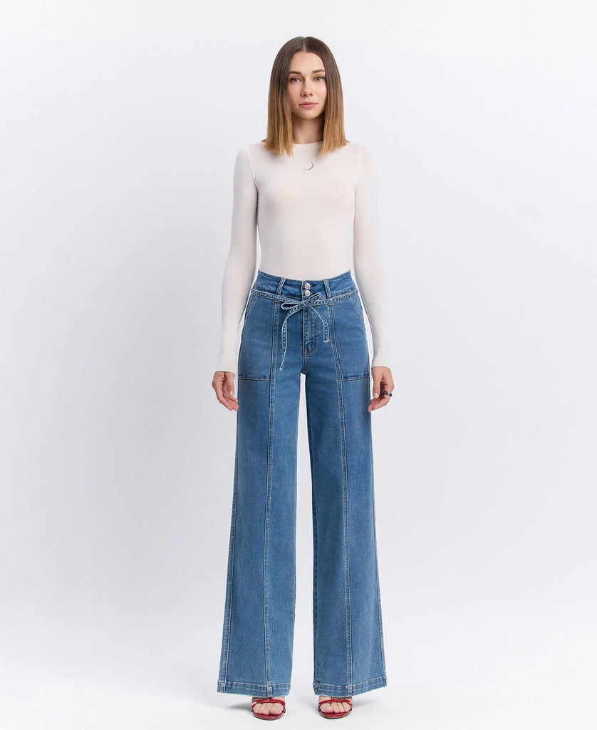 Tia Super High Rise Tie Wide Leg Jeans