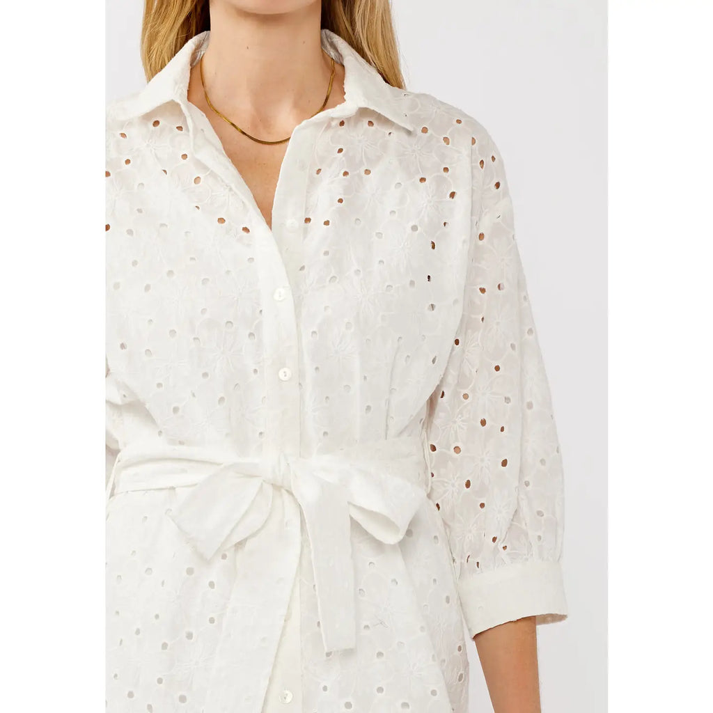 Floral Eyelet Waist Tie Shirt Dress