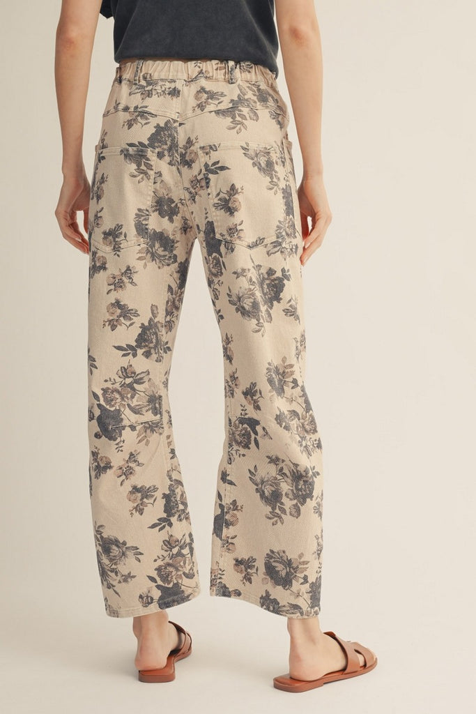 Braided Belt Floral Print Barrel Pants