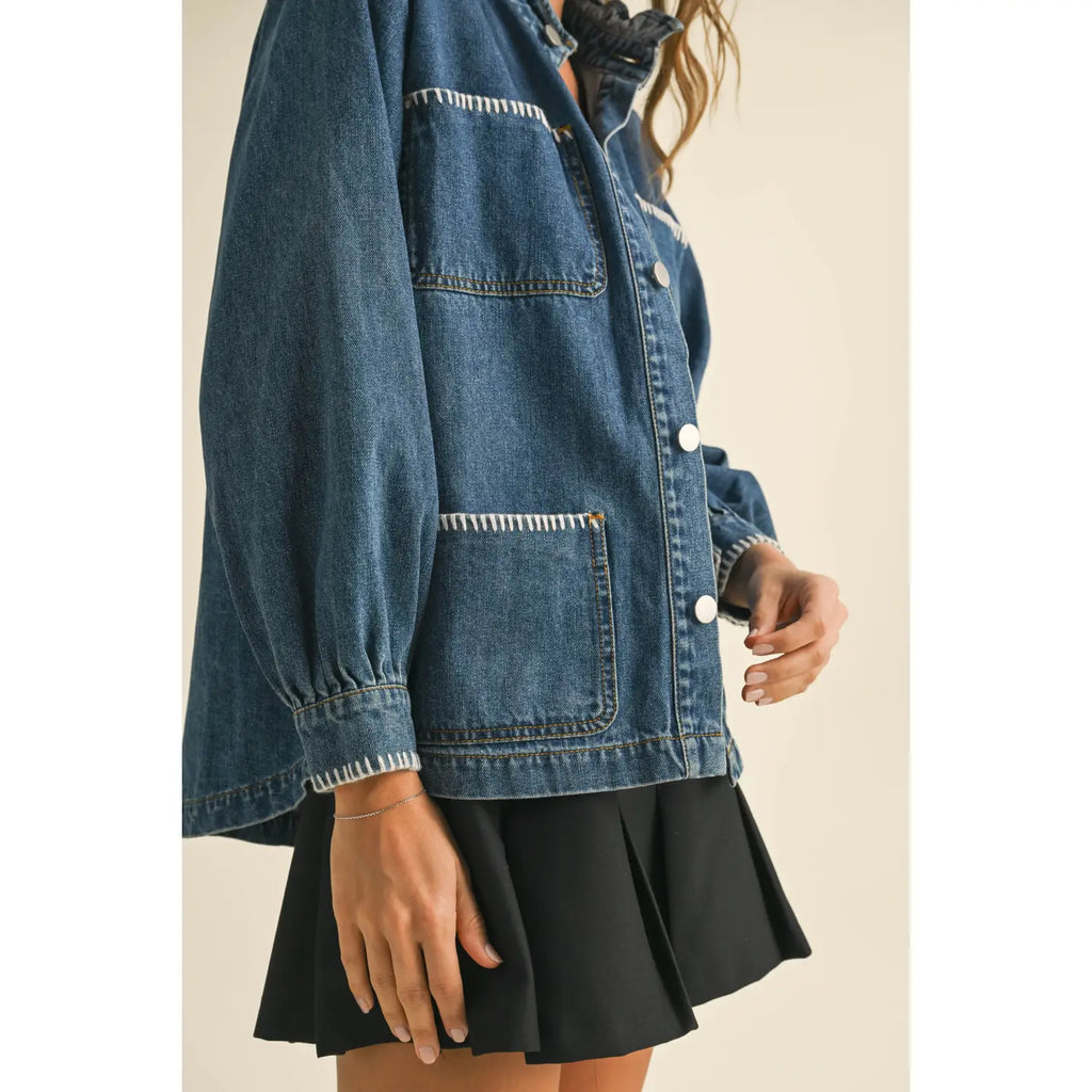 Stitch Detail Ruffled Denim Jacket