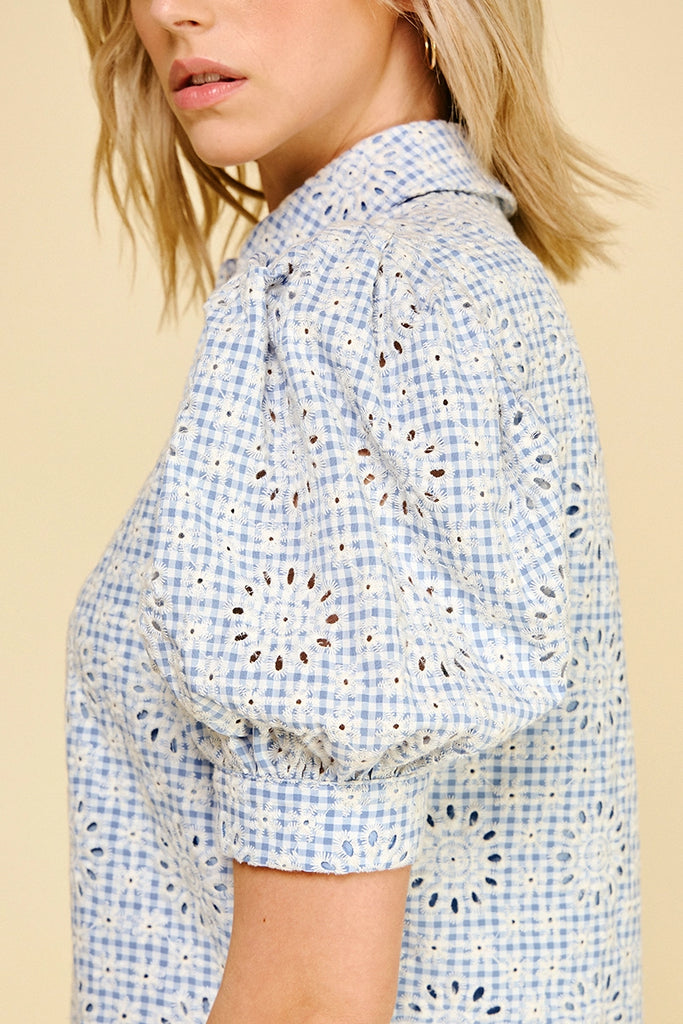 Gingham Eyelet Puff Sleeve Mini Dress