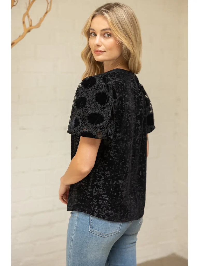 Laced Bubble Sleeve Velvet Jaquard Top