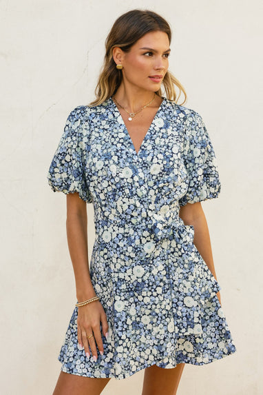 Field Daisies Puff Sleeve Mini Wrap Dress