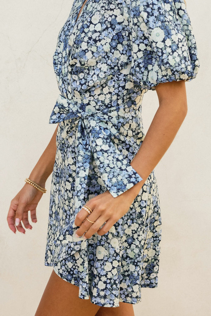 Field Daisies Puff Sleeve Mini Wrap Dress
