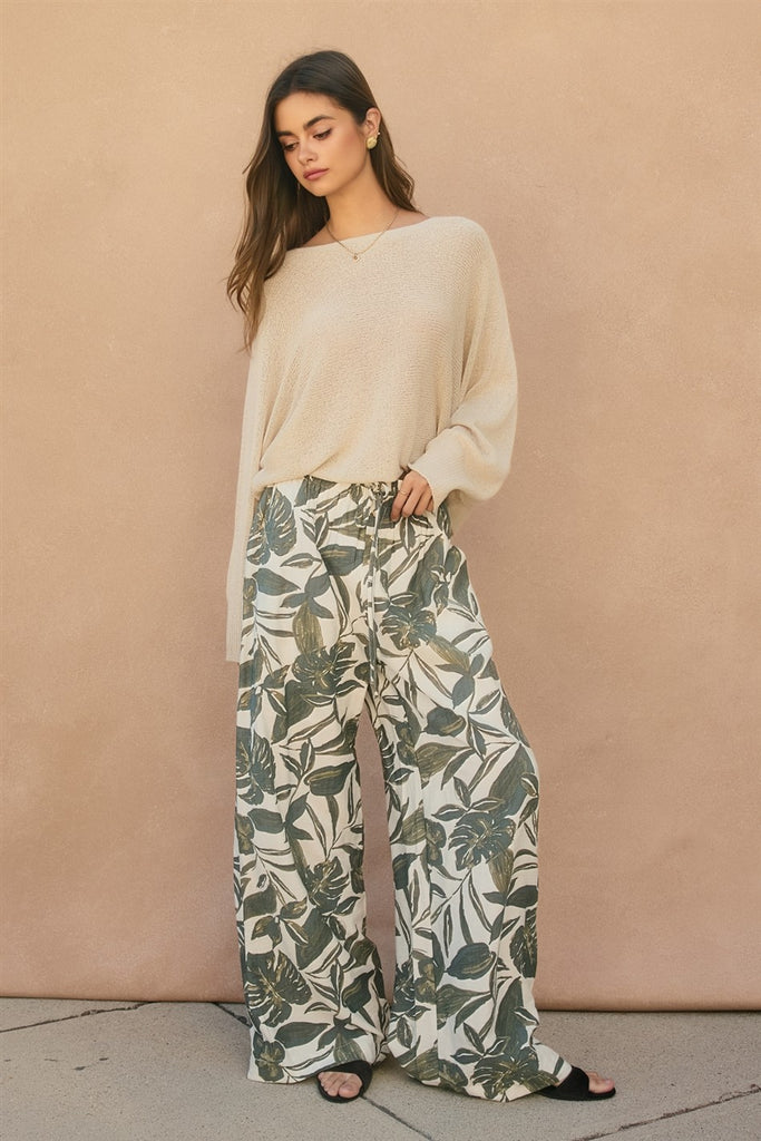 Swaying Palms Button Fly Wide Leg Pants