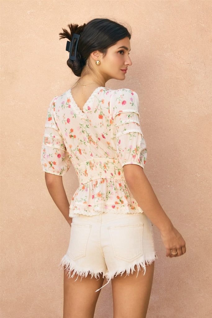 Honey Butter Lace Trim Smocked Waist Peplum Top