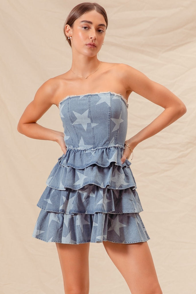 Strapless Vintage Star Denim Tiered Dress