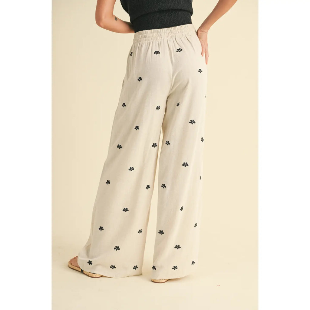 Lucelle Embroidery Detail Linen Pants