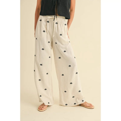 Lucelle Embroidery Detail Linen Pants