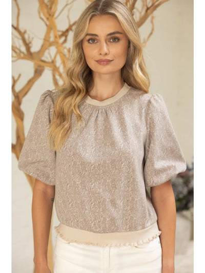 Ruffle Ribbed Knit Hem Wavy Print Top