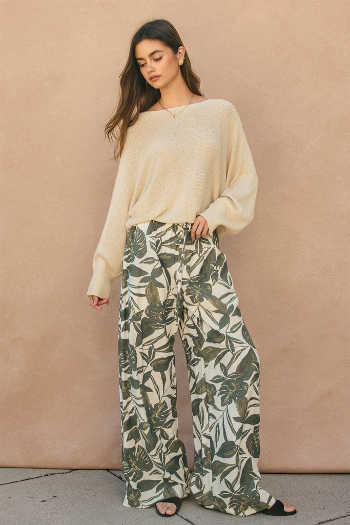 Swaying Palms Button Fly Wide Leg Pants